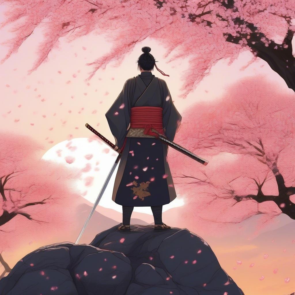 A serene image of a samurai warrior standing on a rock amidst the tranquility of cherry blossoms, captured during a beautiful sunset.