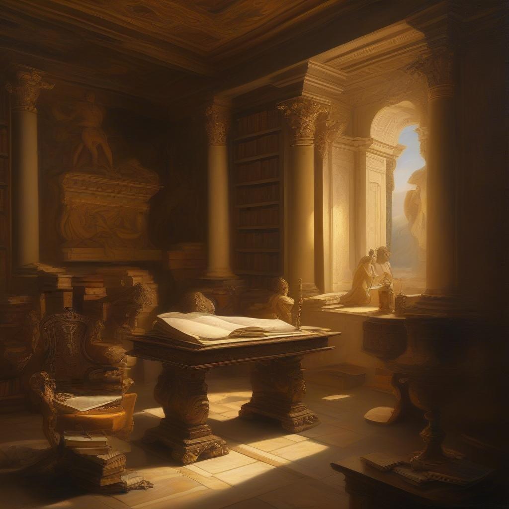 Step into a world of timeless knowledge with this captivating wallpaper featuring an ancient library. The image showcases a room filled with towering bookshelves, each one overflowing with leather-bound tomes and scrolls, while a large desk in the center of the room holds an open book and a quill pen, inviting you to explore the world of literature and learning. The warm, golden lighting and soft focus create a sense of nostalgia and wonder, making this image perfect for anyone who loves history, books, or simply appreciates the beauty of knowledge.