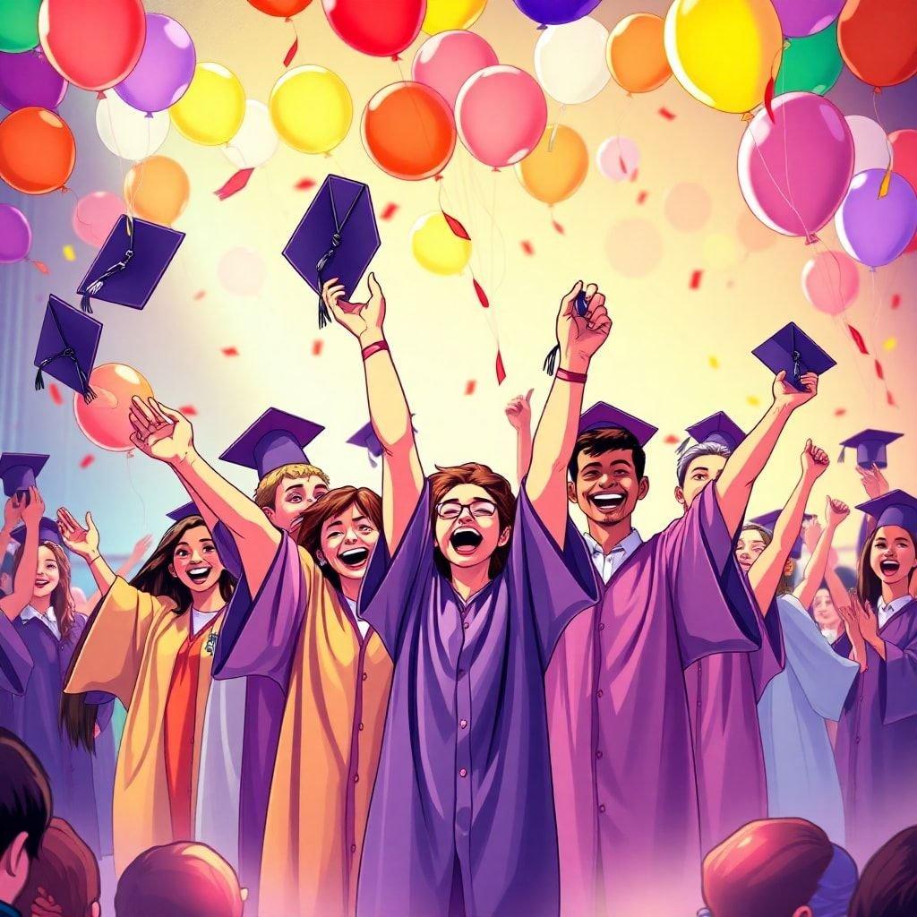 This vibrant wallpaper captures the joy and excitement of a graduation celebration. The colorful balloons and confetti add to the festive atmosphere, making it a perfect way to commemorate this special milestone.