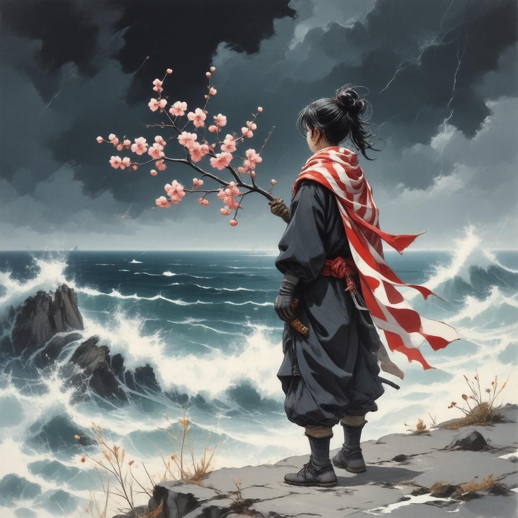 In the quiet solitude of a stormy sea, a shinobi stands poised on a cliff, gazing out towards the horizon. The scarf around his neck is striped in red and white, perhaps a silent symbol of allegiance or identity. In his hand, he cradles a delicate pink cherry blossom, a stark contrast to the impending tempest. His stance exudes calmness amidst the turmoil, reflecting the resilience and focus that is often synonymous with the shinobi's role. The ethereal atmosphere is heightened by the dark background, adding depth and mystery to this intriguing scene.