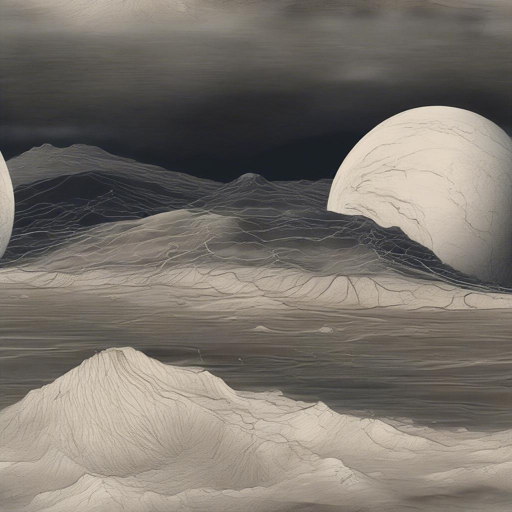 A serene and otherworldly landscape, with a large planet or moon dominating the scene.