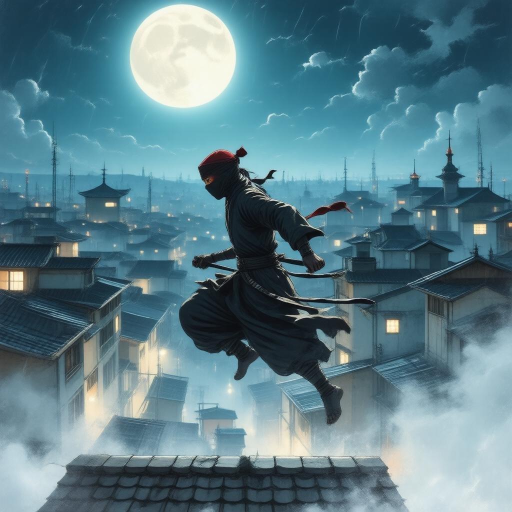 This stunning anime wallpaper captures a ninja in mid-leap, set against a backdrop of a serene cityscape under the watchful eye of the moon. The detailed illustration showcases the ninja's dynamic pose, with the black outfit and red hat standing out against the muted tones of the buildings. The blurred cityscape adds a sense of motion, while the ethereal glow of the moonlight creates a captivating atmosphere.