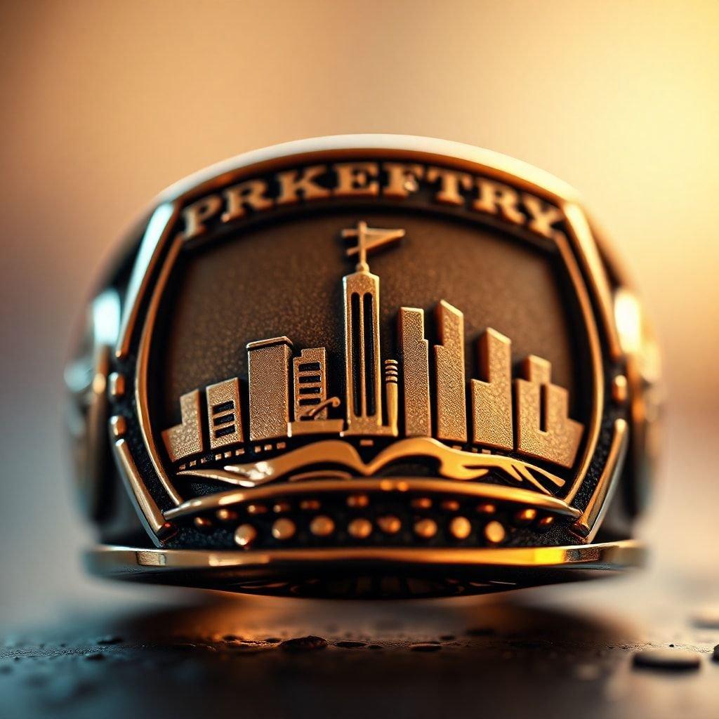 This special ring commemorates graduation with an embossed skyline, signifying a milestone in academic achievement. Perfect for the person who has just completed their education journey.