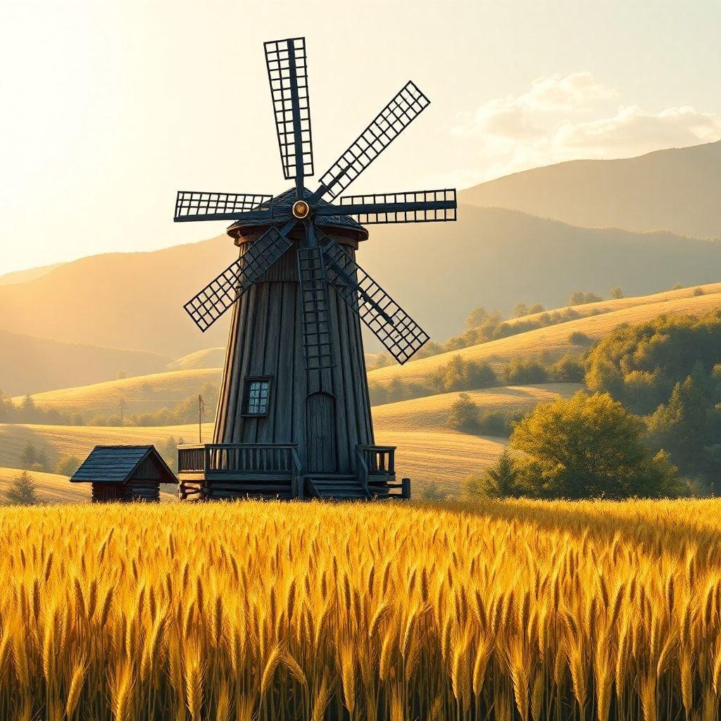 Esta escena pintoresca captura la esencia de la vida rural tradicional, con un molino de viento en medio de un campo de cultivos dorados. El molino de viento añade un toque de encanto histórico al paisaje, sugiriendo que este podría ser un lugar asociado con las celebraciones de Oktoberfest.