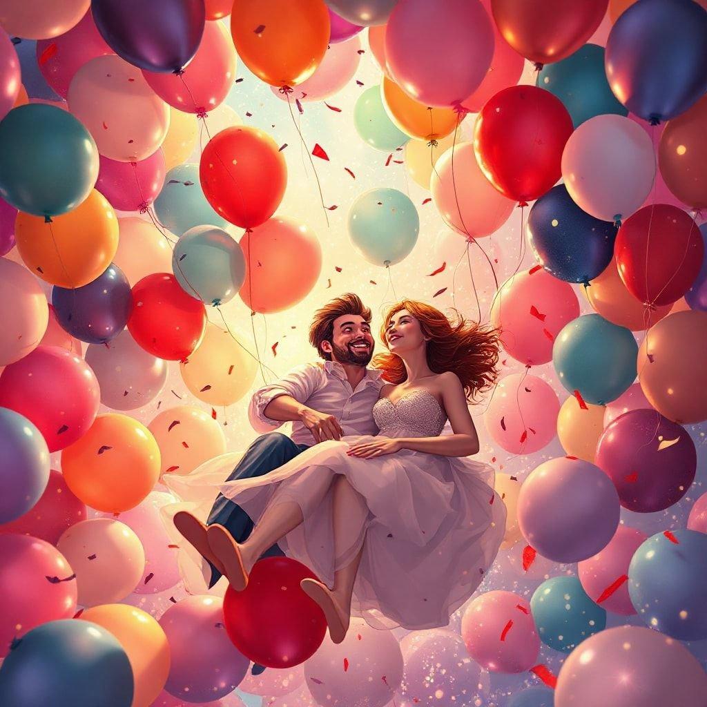 A joyful couple in a whimsical celebration with vibrant love balloons floating around them, symbolizing their unity and happiness.