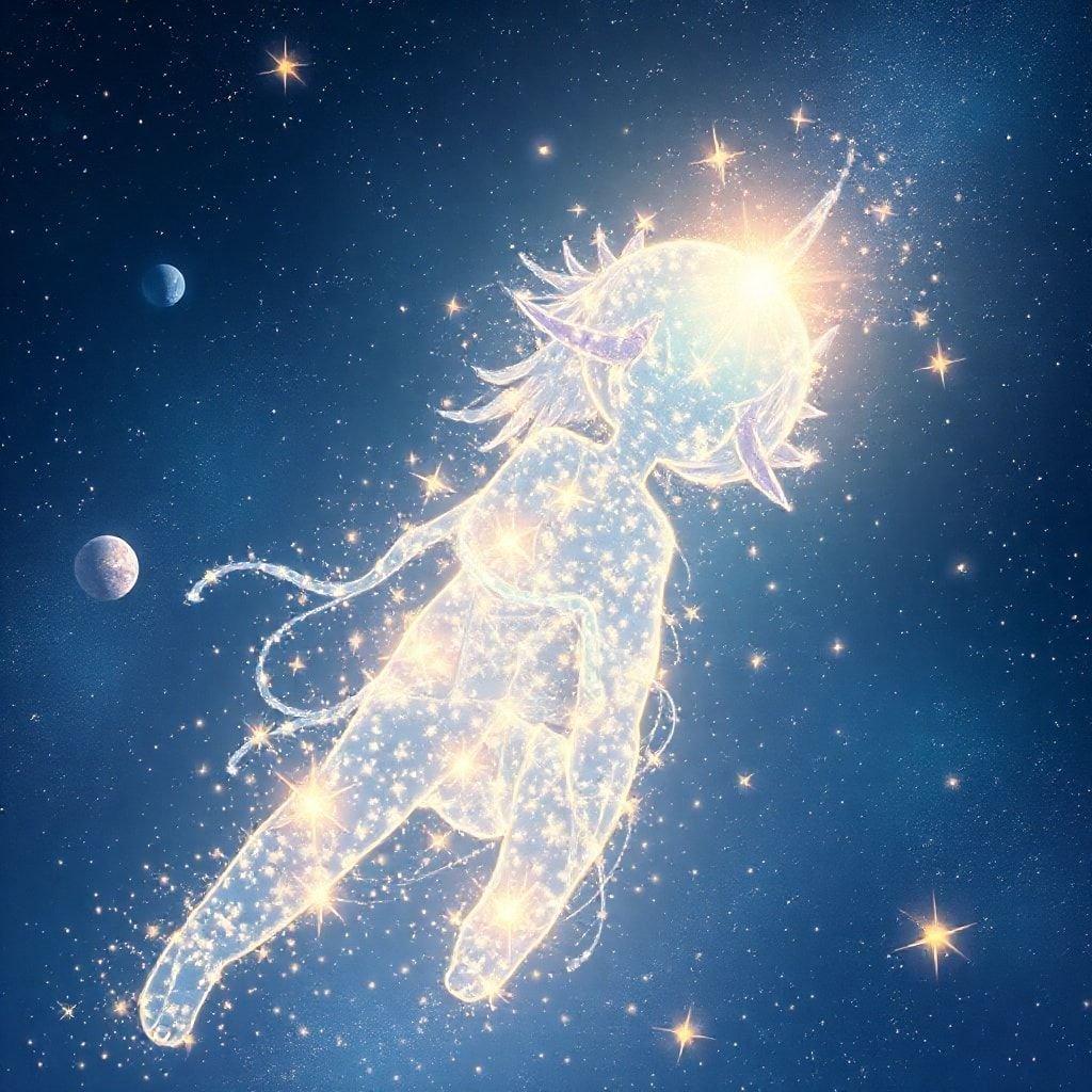 Immergiti nella bellezza eterea di quest'illustrazione in stile anime, dove un essere celestiale realizzato con luce stellare e polvere di stelle è al centro della scena, circondato da un cielo stellato, piccole stelle e pianeti.