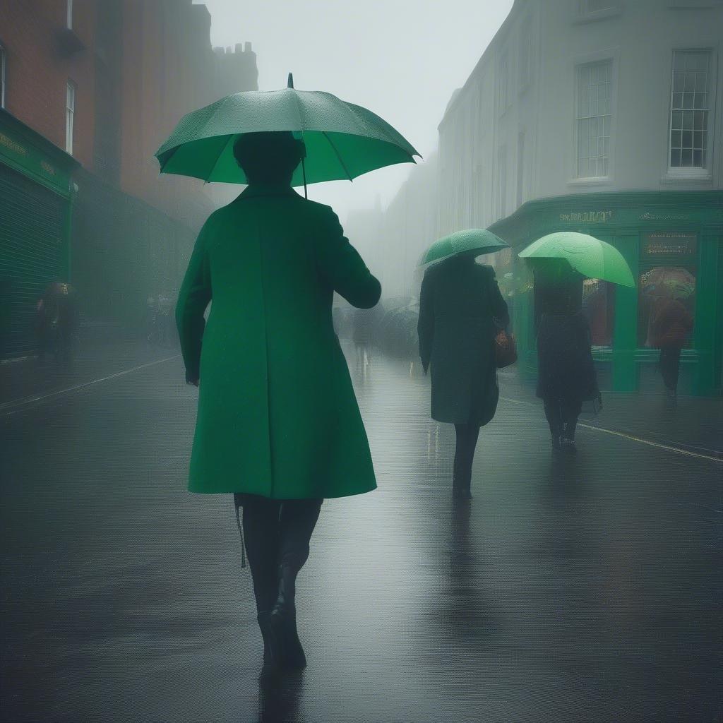 Una escena festiva del Día de San Patricio con personas desafiando la lluvia para celebrar, vistiendo atuendos verdes vibrantes y sosteniendo paraguas a juego.