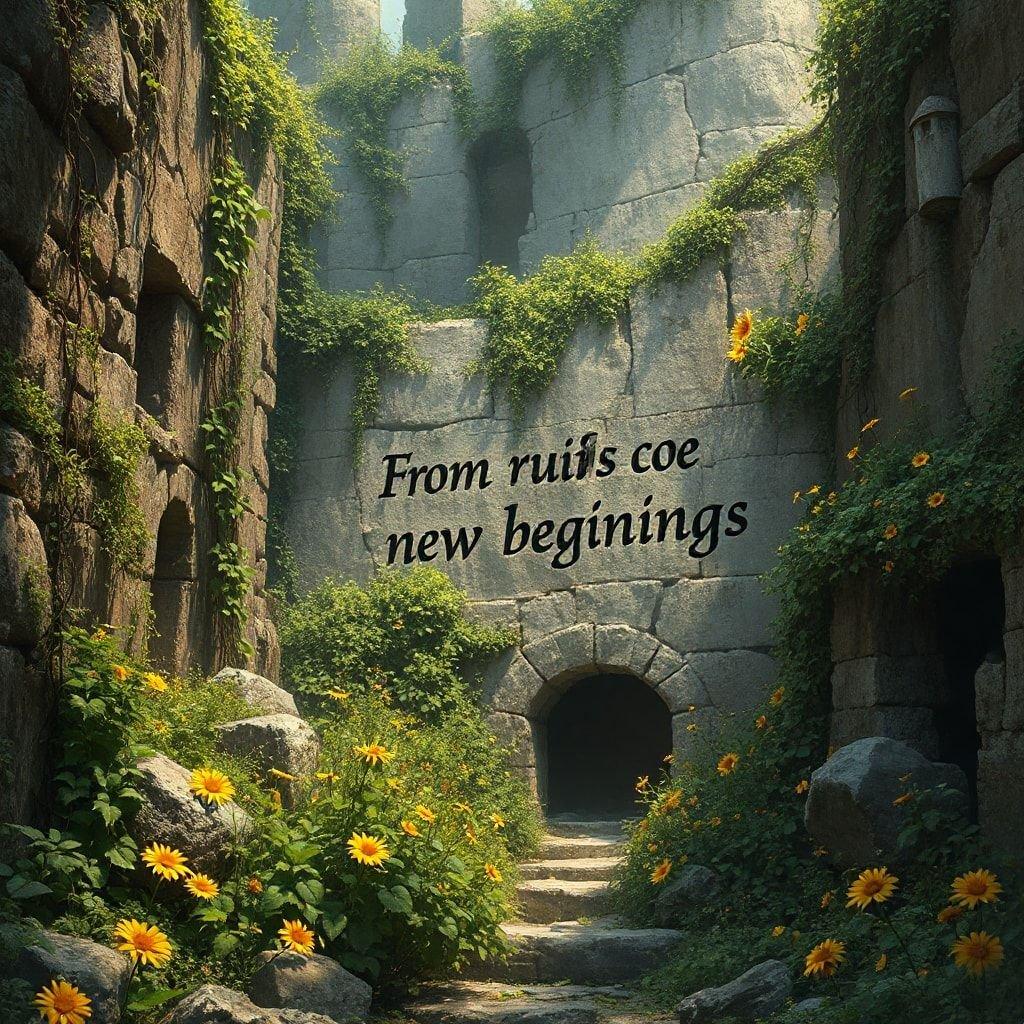 A scenic view of a stone tunnel with an inspiring quote about new beginnings.