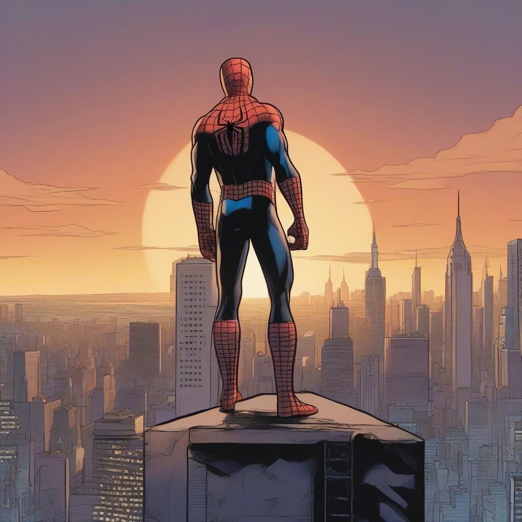 The iconic comic book hero, Spider-Man, stands atop the Daily Bugle building against a stunning cityscape of New York City. The sun casts its last glow on the skyline, and the silhouette of the Empire State Building rises in the background. This scene is a snapshot of classic comic book history, bringing the web-slinging adventures to life in vivid detail.