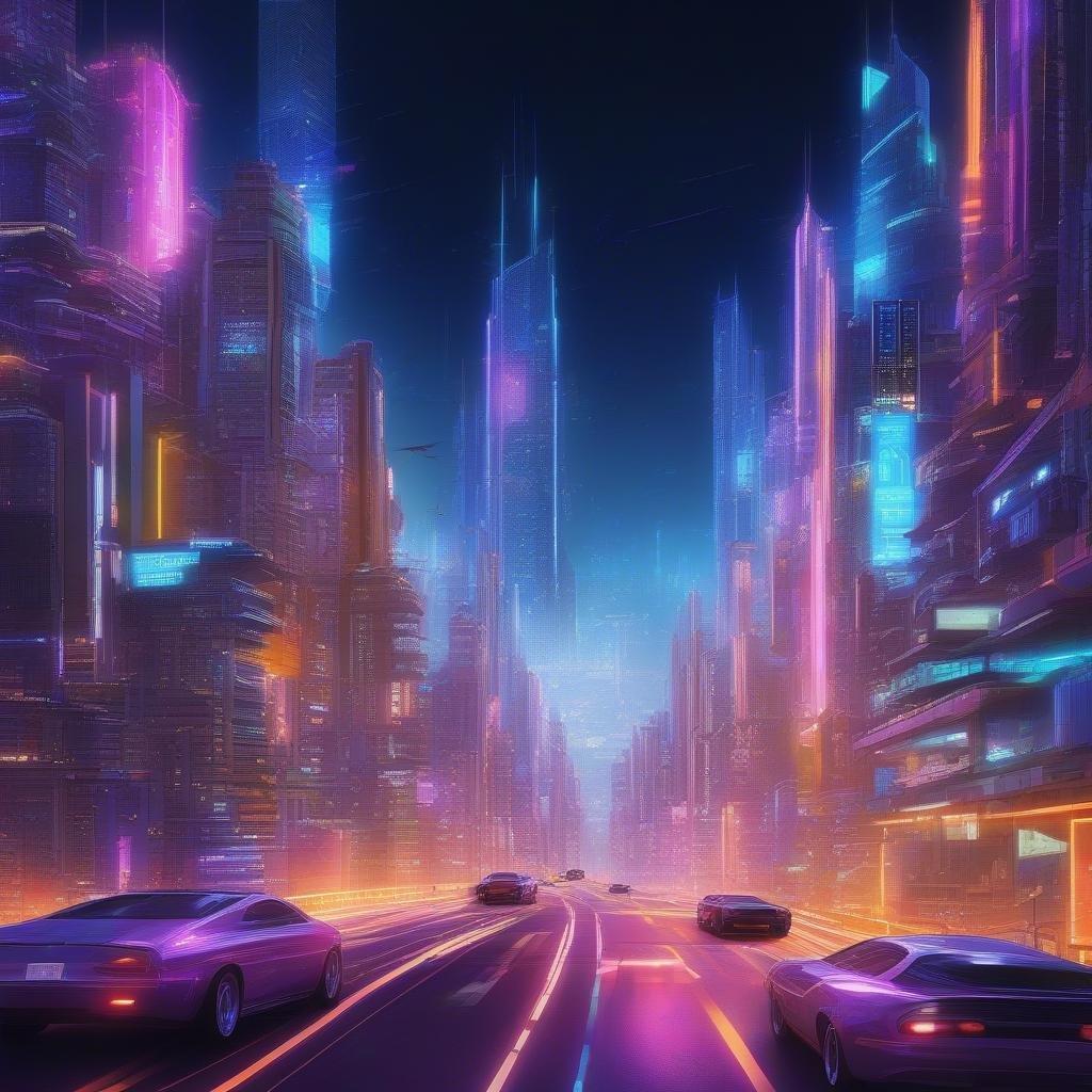 Oplev den livlige energi i en futuristisk by med dette fantastiske tapet. Den neonlysende skyline og den travle metropol skaber en dynamisk og fængslende scene.