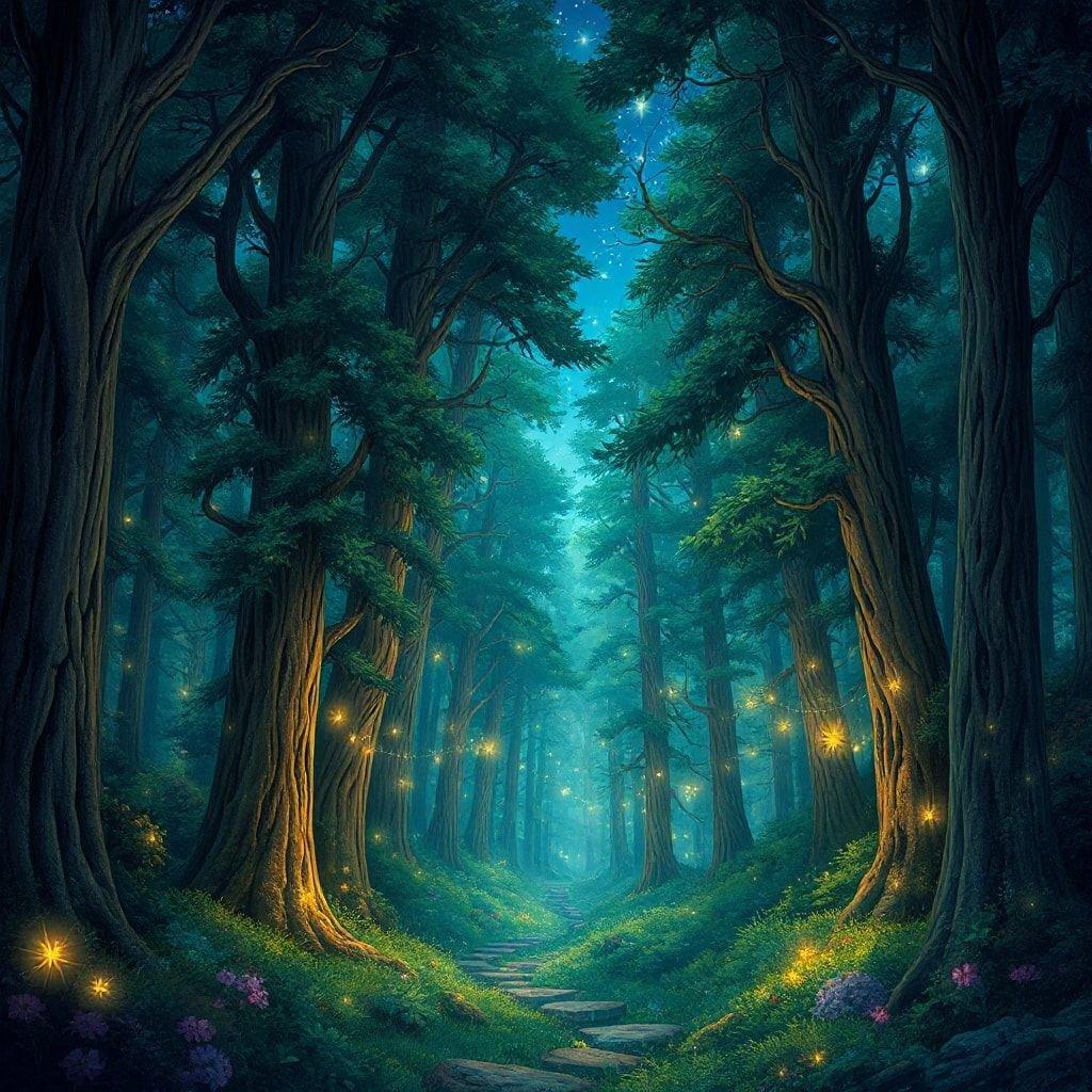 A magical journey through a forest path, illuminated by the glowing presence of fireflies. The trail leads to an unknown destination where the stars twinkle above and a soft, magical glow lights up the trees. A serene and mystical setting for adventure.