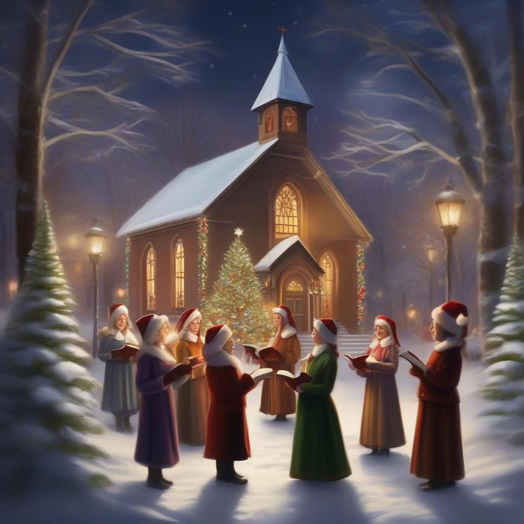 A heartwarming scene of a group of carolers gathered in front of a beautifully decorated church at night, singing festive holiday songs under the twinkling stars.