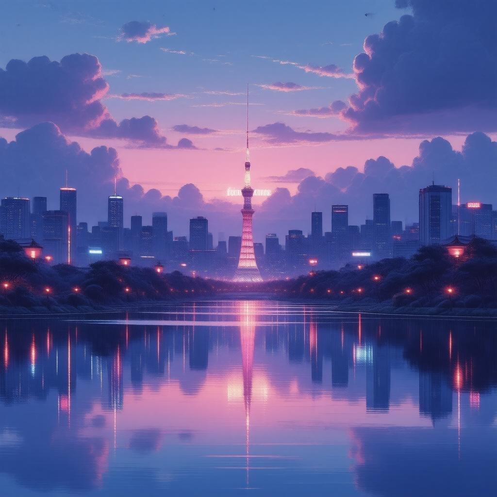 A picturesque view of Tokyo at sunset where the futuristic skyline is bathed in a soft glow. A tranquil lake mirrors the vibrant lights, while the distant cityscape adds depth to the scene. The foreground features a reflective surface that captures the beauty of the neon lights and the large 'Anime' sign shining above.