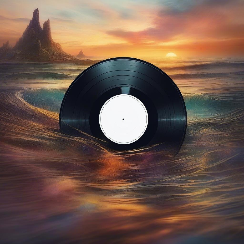 A serene and peaceful scene of a vinyl record floating on the ocean, set against the backdrop of a stunning sunset.