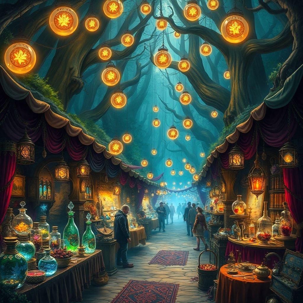 Stroll through a magical forest village, where the lantern lights twinkle like stars against the dark sky. Shops filled with mystical goods and trinkets invite wanderers to explore the enchanting wares.