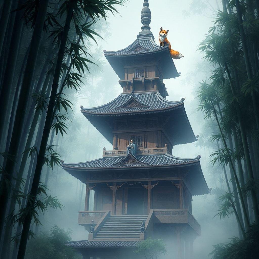 Step into a world of mystique and wonder with this breathtaking anime wallpaper. A majestic temple, nestled deep within a lush bamboo forest, beckons you to explore its secrets. The wise fox, perched atop the roof, adds a touch of human presence to the scene, inviting you to ponder the mysteries of the universe.