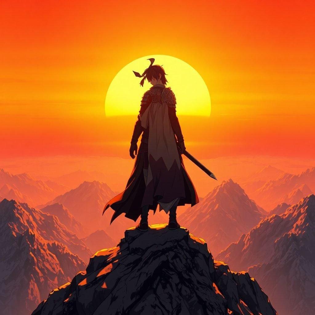 Upea anime-kuvitus samurai-soturista, joka seisoo vuoren huipulla, siluettina henkeäsalpaavan auringonlaskun edessä. Taivaan eloisat oranssit ja keltaiset sävyt luovat dramaattisen taustan, ja aurinko on osittain näkyvissä soturin pään takana, heijastaen oranssia hohdetta alla oleville vuorille.