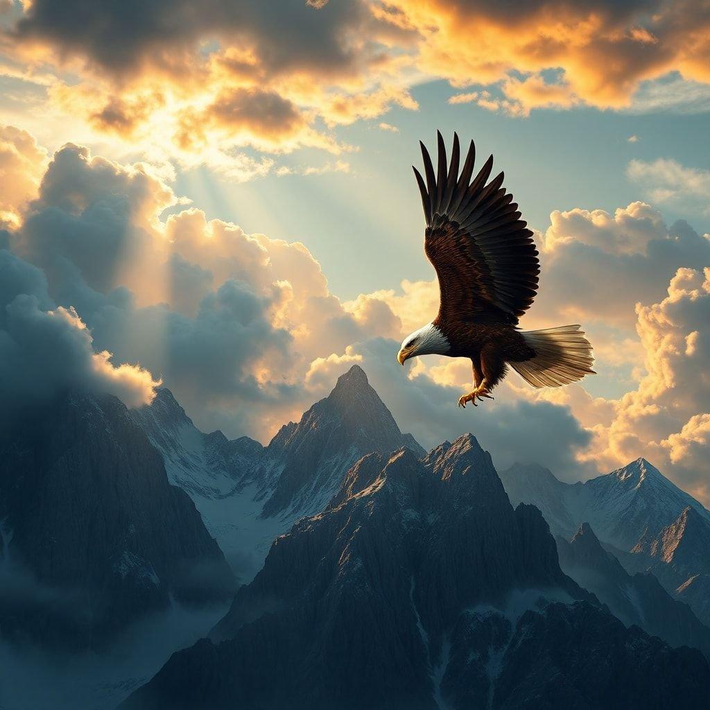 This stunning wallpaper features an eagle soaring through the sky, its wings spread wide as it takes flight. The eagle is set against a backdrop of majestic mountains, creating a breathtaking scene that captures the beauty and power of nature.