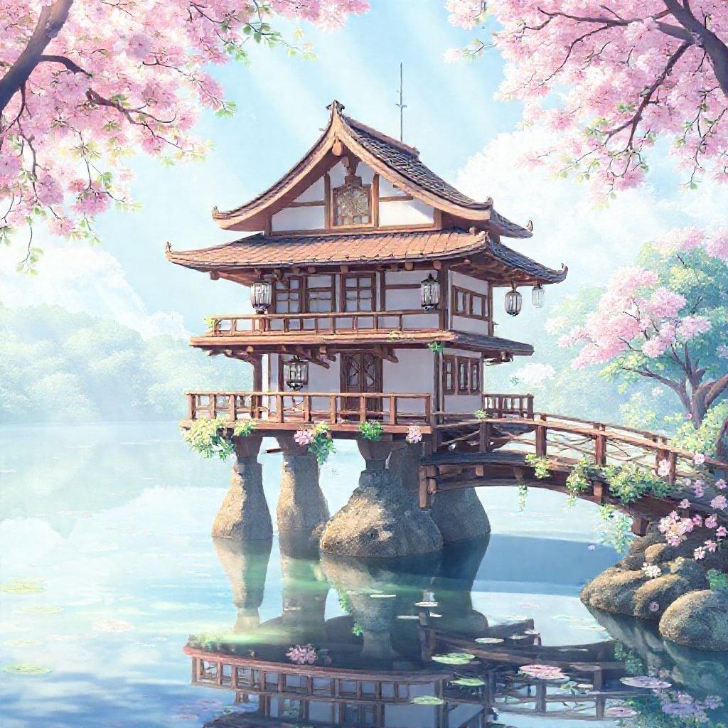 En bildskön anime-stil illustration som visar ett tehus som står på pelare över en lugn sjö. Den traditionella japanska arkitekturen i huset kompletteras av en träbro och ett körsbärsträd, vilket skapar en harmonisk blandning av natur och konst.