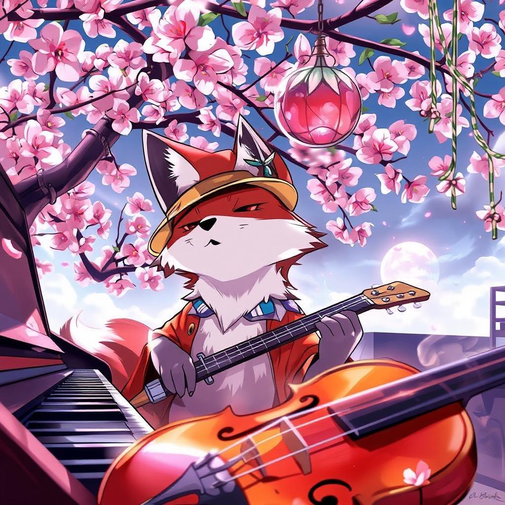 This wallpaper features a charming kitsune fox playing musical instruments under a beautiful cherry blossom tree. The fox is dressed in a stylish outfit, complete with a red and white striped tail, a blue and white striped collar, and a yellow hat. The scene is set against a serene backdrop, with a violin in the foreground and a string of strings hanging down from the upper right corner. The overall effect is one of whimsy and wonder, making this wallpaper perfect for anyone who loves anime and music.