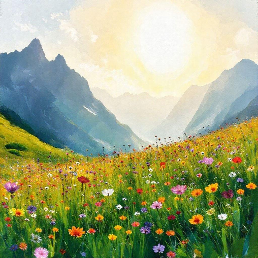 A picturesque mountain meadow blooming with colorful wildflowers under a clear, sunlit sky.