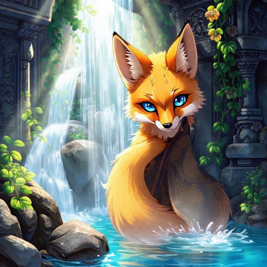 Experience the mystic allure of an ancient temple, where a fox with vibrant blue eyes and flowing robes reveals itself from behind a cascading waterfall. The magical ambiance is enhanced by the fox's captivating gaze, inviting you into its fantasy-filled world.