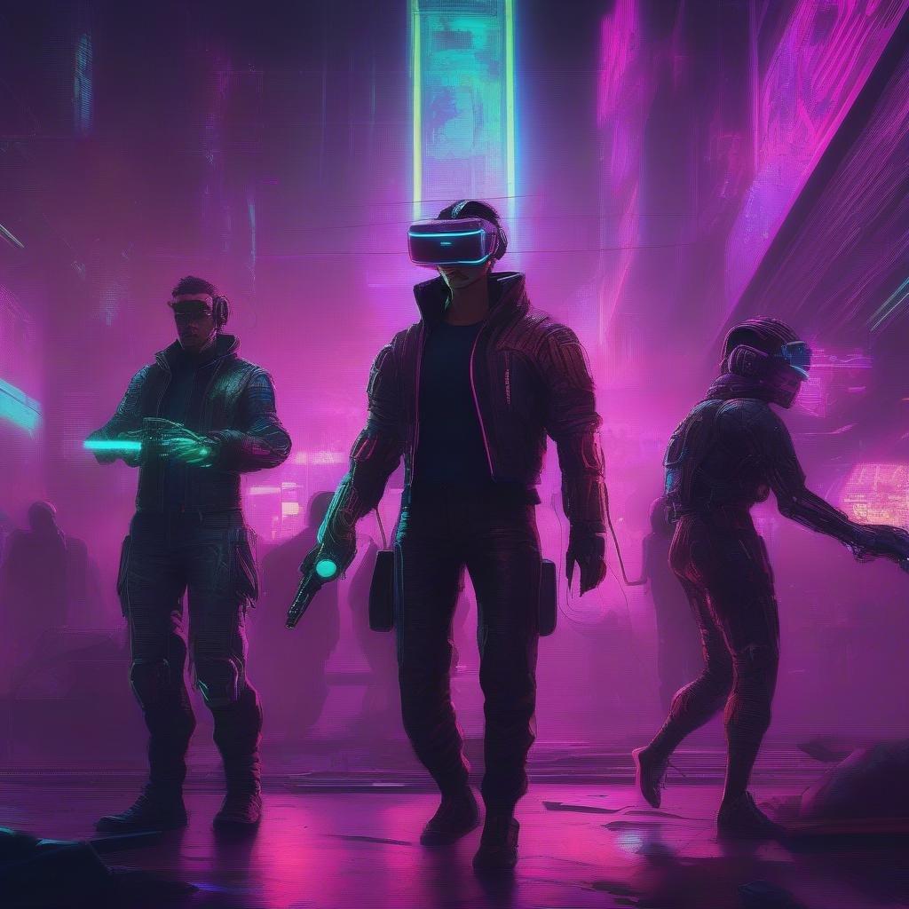 Cette image capture l'essence d'une aventure cyberpunk éclairée au néon, mettant en scène trois personnages prêts à l'action. Avec des teintes vibrantes de rose et de violet dominant la scène, il est clair que c'est un cadre futuriste et high-tech. Les personnages sont équipés d'un équipement et d'armes élégants, incarnant l'esprit audacieux du genre cyberpunk.