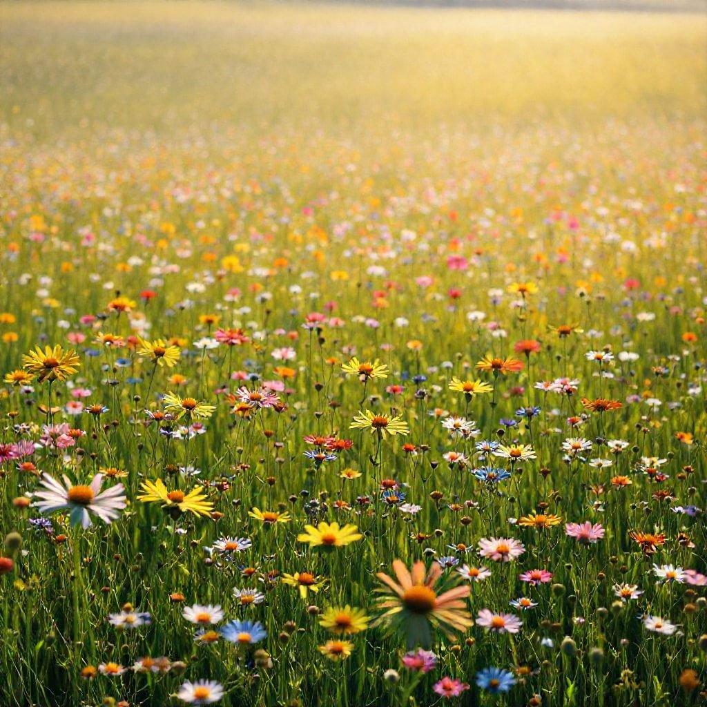 En pittoresk scen av ett fält med vilda blommor, badande i solsken och surrande med naturens färger.