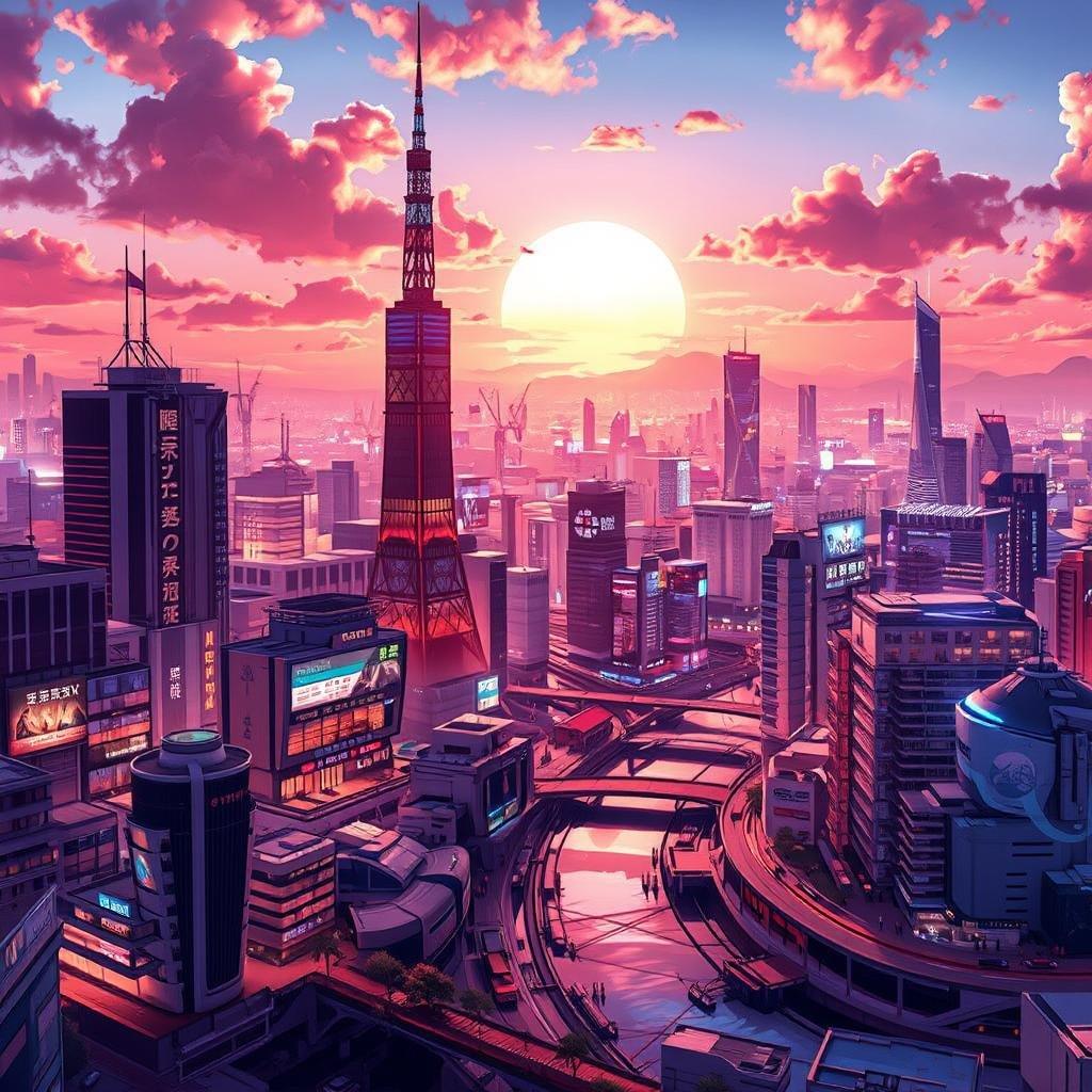 En anime-illustration af en futuristisk Tokyo-bylandskab badet i det varme skær fra en nedgående sol. Forgrunden viser livlige, farverige bygninger og en flod, mens baggrunden afslører en travl storby med en mængde små lys.