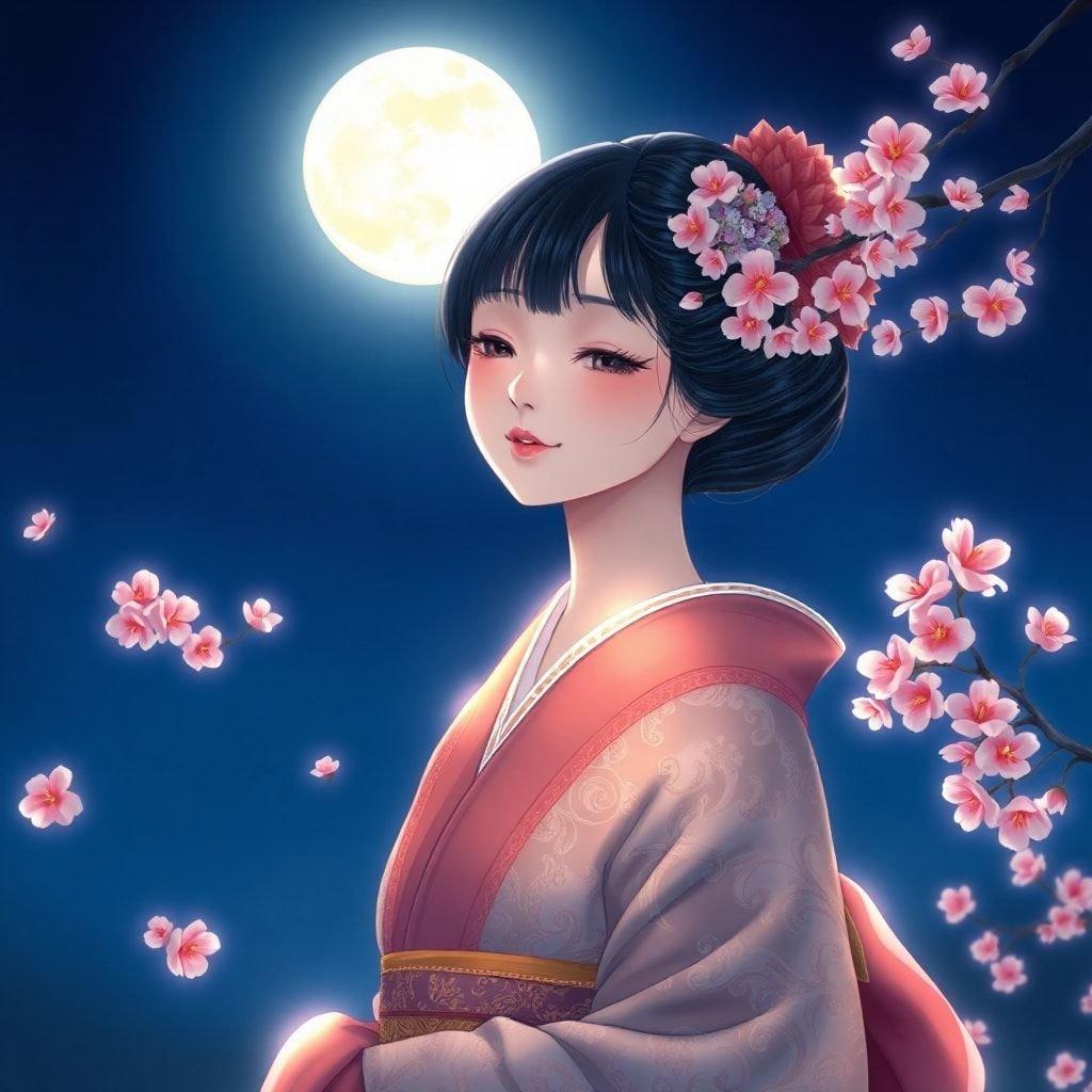 A serene and captivating digital illustration of a geisha girl, her kimono glowing softly in the night sky, creating an ethereal atmosphere.