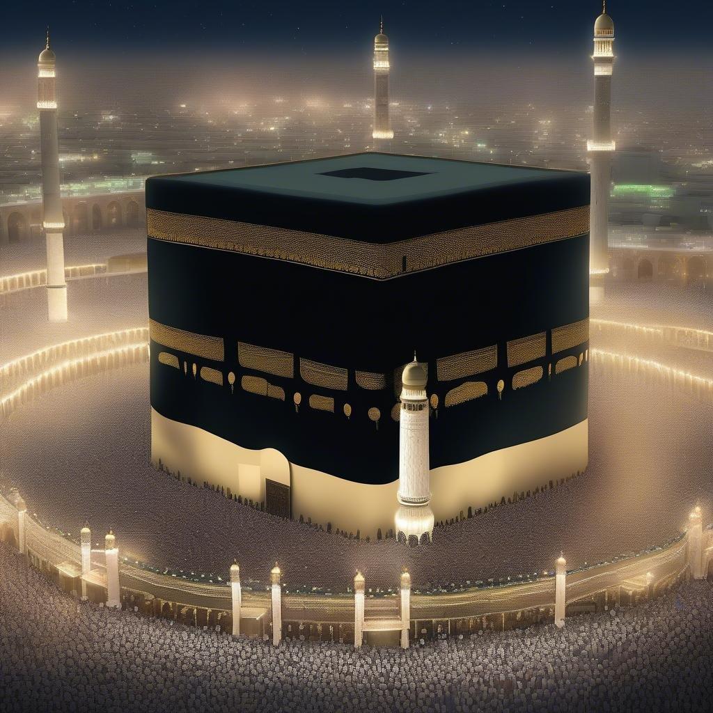 Multitudes reunidas alrededor de la Kaaba, un sitio significativo para la adoración en el Islam, con luces y reflejos iluminando su superficie.