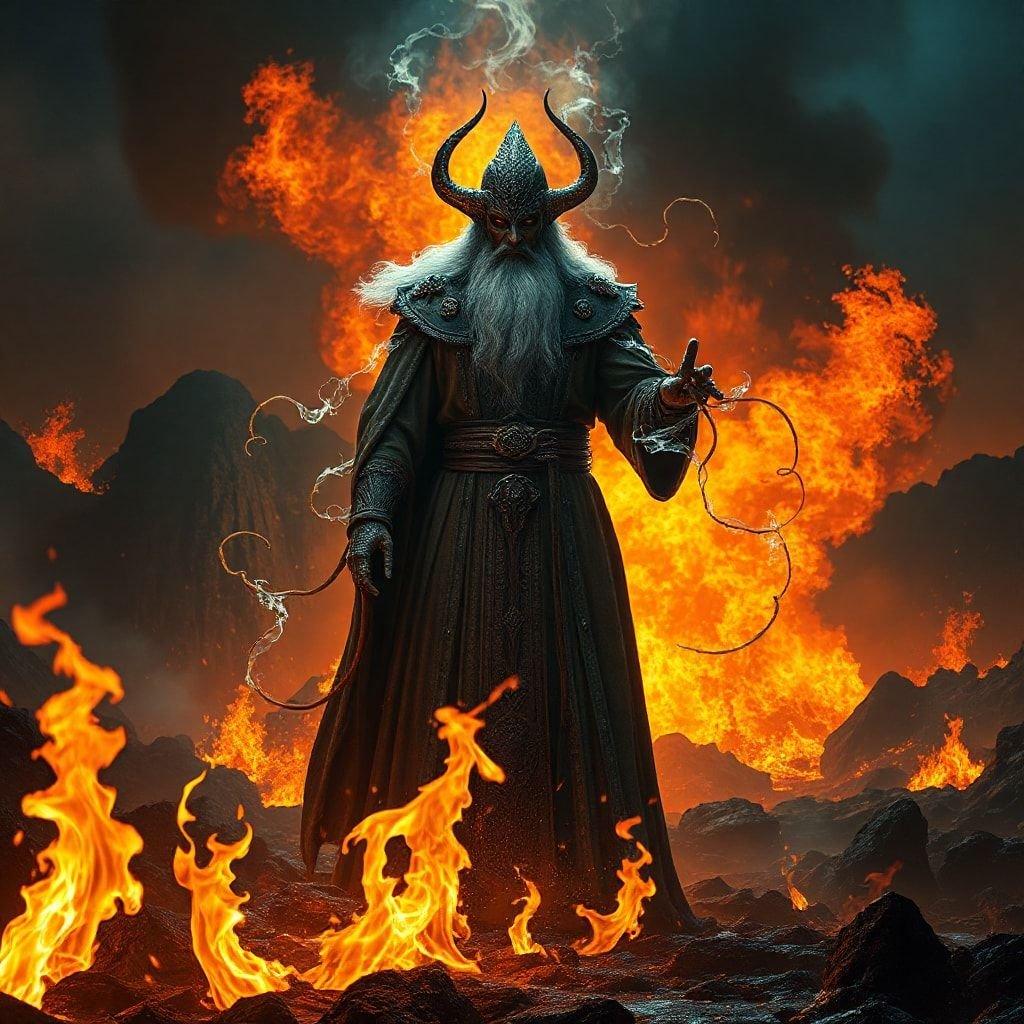 A malevolent fantasy creature with horned helmet and fiery surroundings, embodying the essence of dark power.