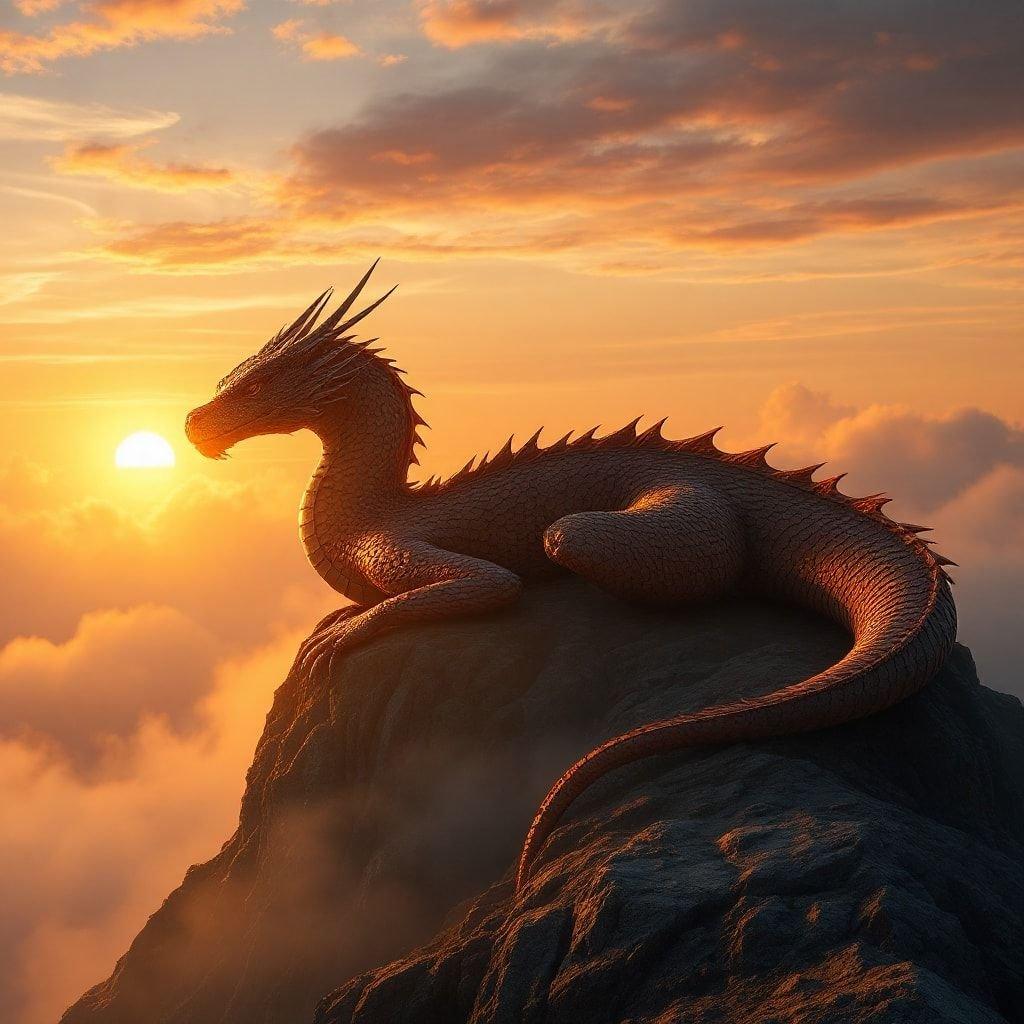 This fantasy wallpaper features a majestic dragon basking in the warm glow of a sunset. The dragon's scales glisten in the fading light, and its wings are spread wide as if embracing the beauty of the sky.