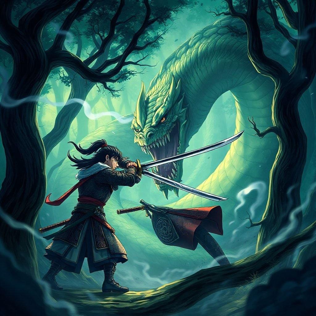 A thrilling anime scene of a samurai battling a giant serpent in a dark forest, with the creature's intense gaze and sharp claws making for a compelling fight.