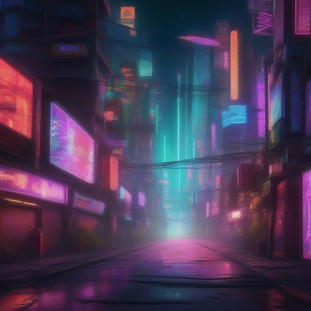 Scène de rue cyberpunk tard dans la nuit avec des enseignes au néon illuminées, des lumières roses et violettes dans un cadre futuriste.