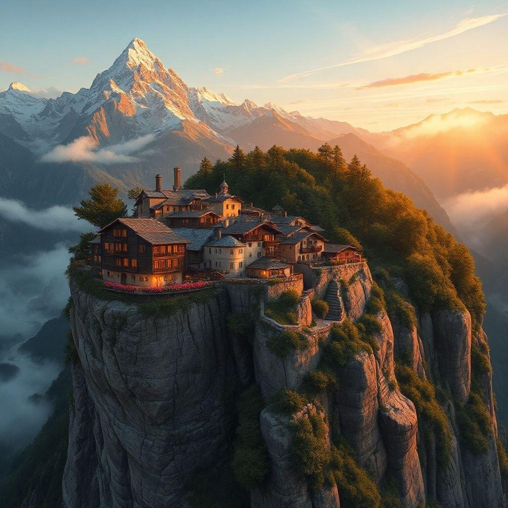 A charming alpine village nestled on the edge of a cliff, with majestic mountains in the backdrop. The warm sunset casts a golden hue over the quaint houses and tranquil surroundings.