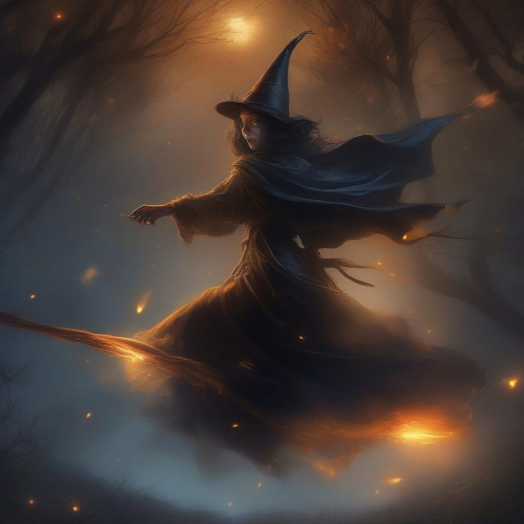 A spooky and magical Halloween wallpaper featuring a witch flying on her broomstick.