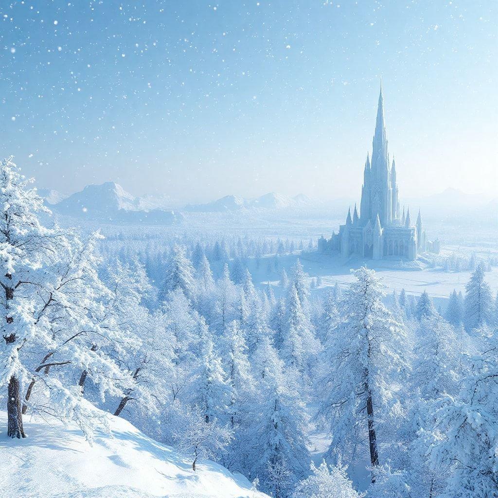 This captivating winter fantasy castle wallpaper transports you to a magical realm, where snow-covered trees and a majestic castle come together in perfect harmony.