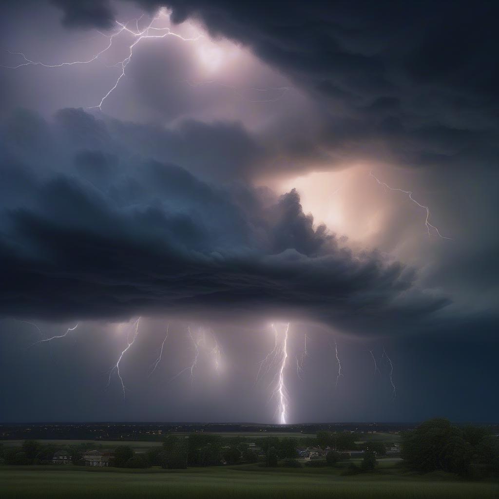 暗い雲に満ちた劇的な空、空中を舞う強力な雷光によって照らされています。自然の力の魅惑的な展示。