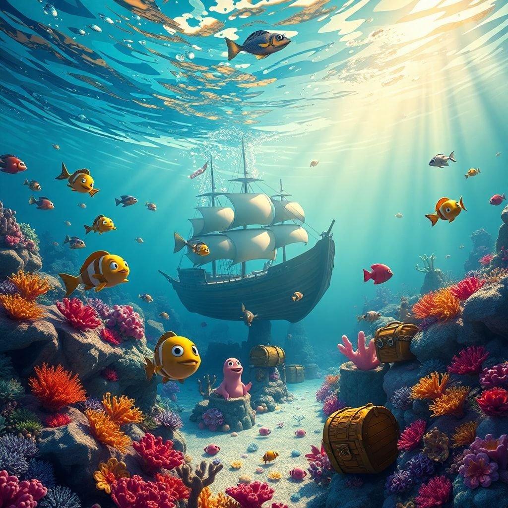 Dive into the magical world of cartoon favorites. This vibrant scene is filled with tropical fish, a pirate ship, and even treasure chests waiting to be discovered! Join this enchanting underwater journey.