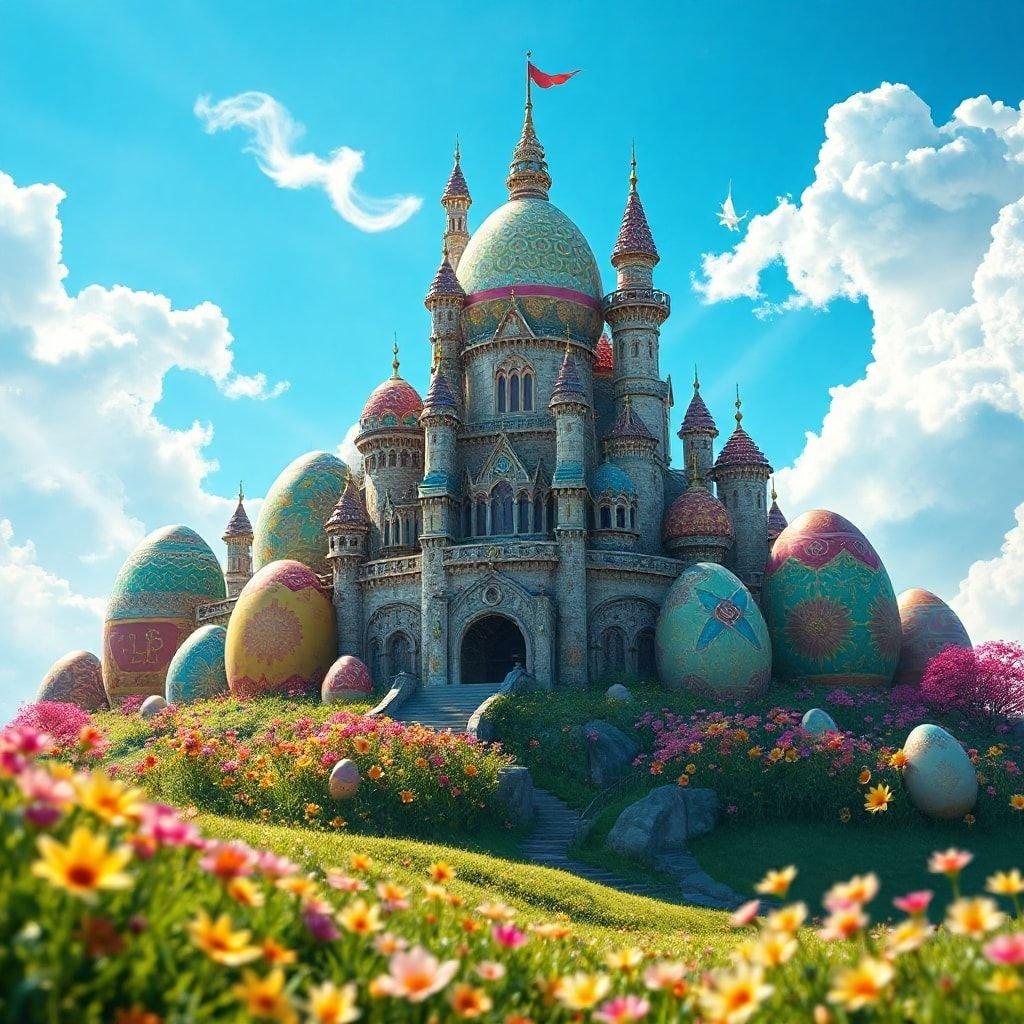 A beautifully rendered fantasy castle with magical Easter eggs, set against a clear blue sky. A perfect wallpaper for Easter and beyond!