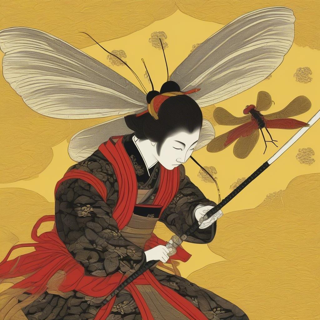 In this captivating scene, a young samurai warrior sits atop a magnificent dragonfly. The dragonfly, with its long, thin body and vibrant red tail, is poised in flight against the backdrop of a yellow sky. The samurai, dressed in traditional armor, holds a sword in his right hand, ready for battle. His attire is detailed, featuring a black helmet, blue shirt, and red hat adorned with intricate patterns.