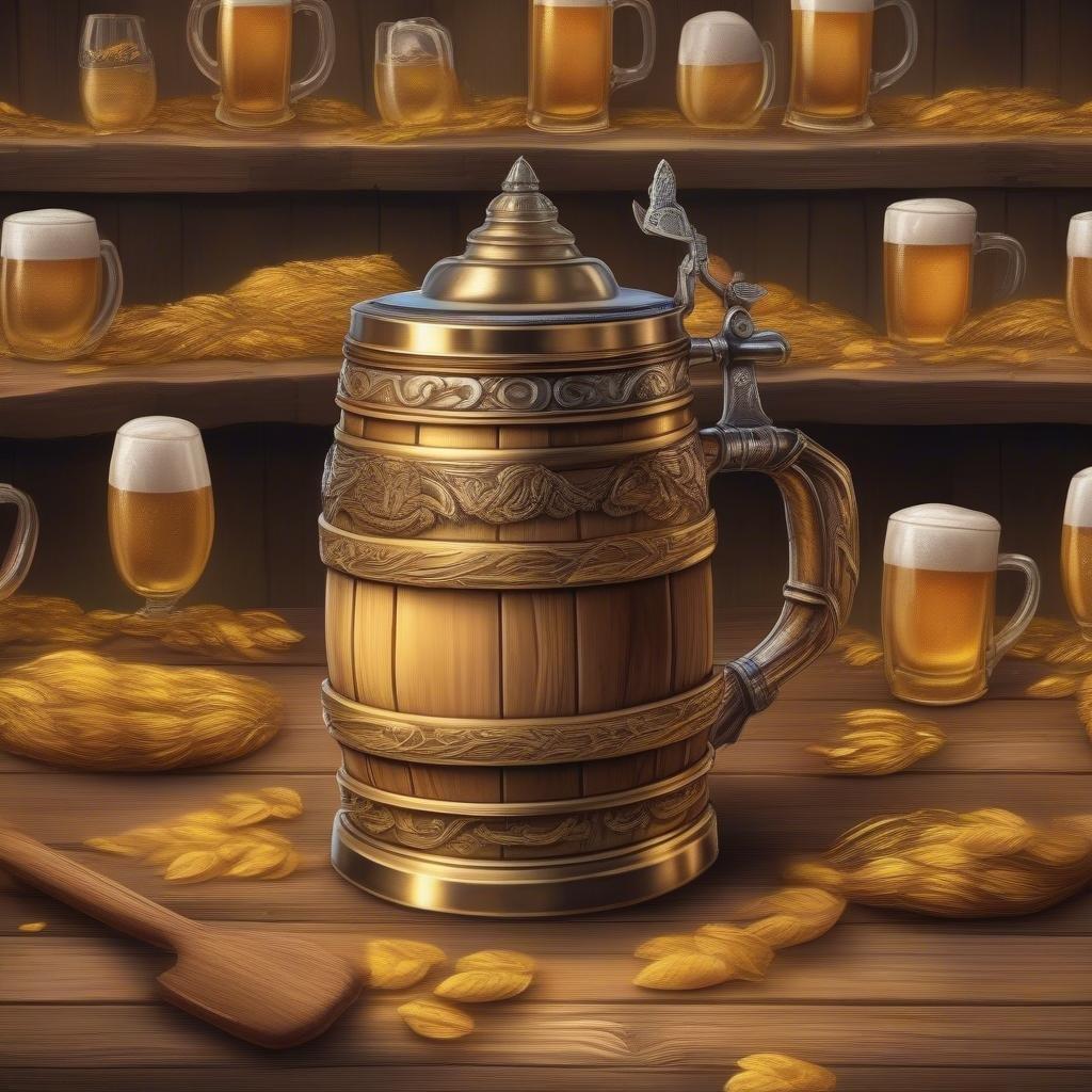 A traditional wooden beer mug, richly decorated in gold, sitting at the center of an Oktoberfest table. Awaiting a frothy pour from the golden tap, it's ready for a hearty stein of ale. The scene is set against a backdrop that could be any of Germany's famous beer halls during this world-renowned festival.