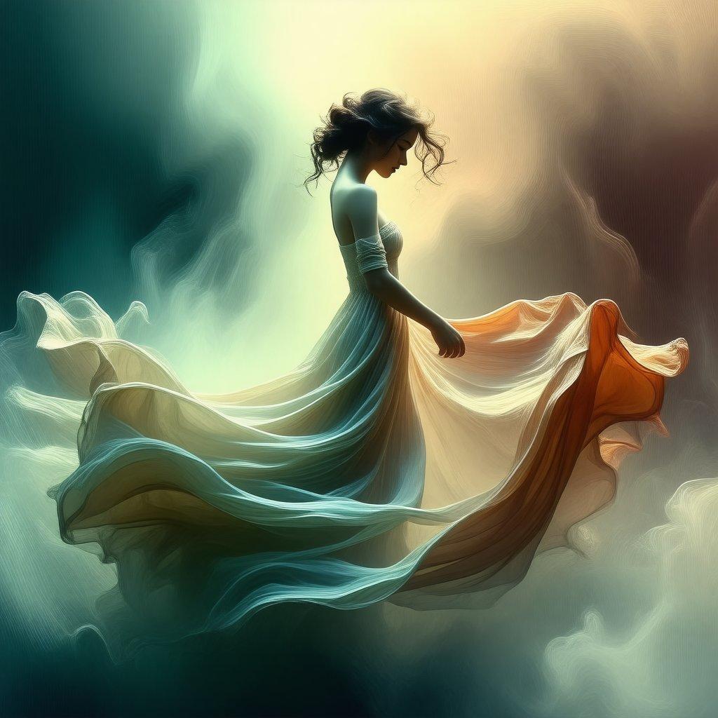 In the stillness of the twilight, she dances with her dreams, a vision of grace in an ethereal world. The wind whispers secrets through the veils of her dress, as the stars look on in silent admiration.