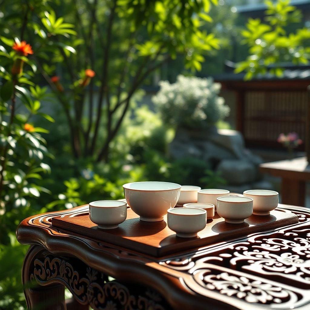 A traditional tea ceremony set with six ceremonial teacups, placed on an intricately carved wooden tray. The bowl of the cups reflects the sunlight and the atmosphere is serene and inviting.