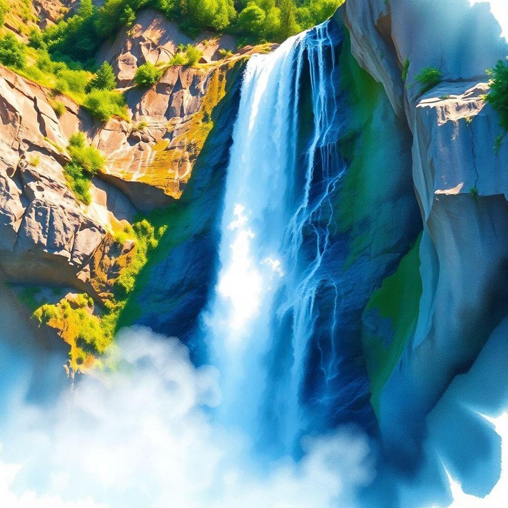 A stunning landscape featuring a powerful waterfall cascading over lush rocks into a tranquil pool, set against the backdrop of a dense forest. Ideal for desktop and mobile wallpapers.