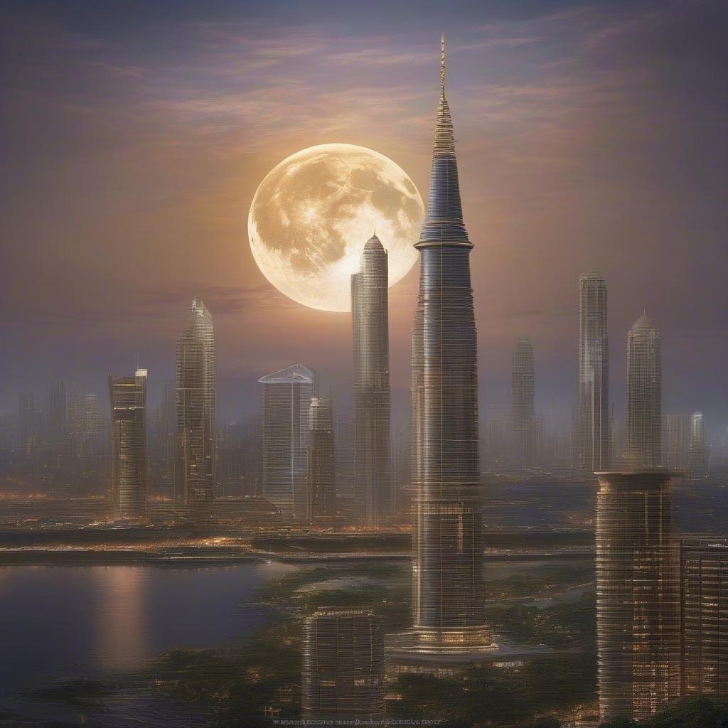 An illuminated city skyline at night during Ramadan or Eid, with a full moon casting a serene reflection on the water.