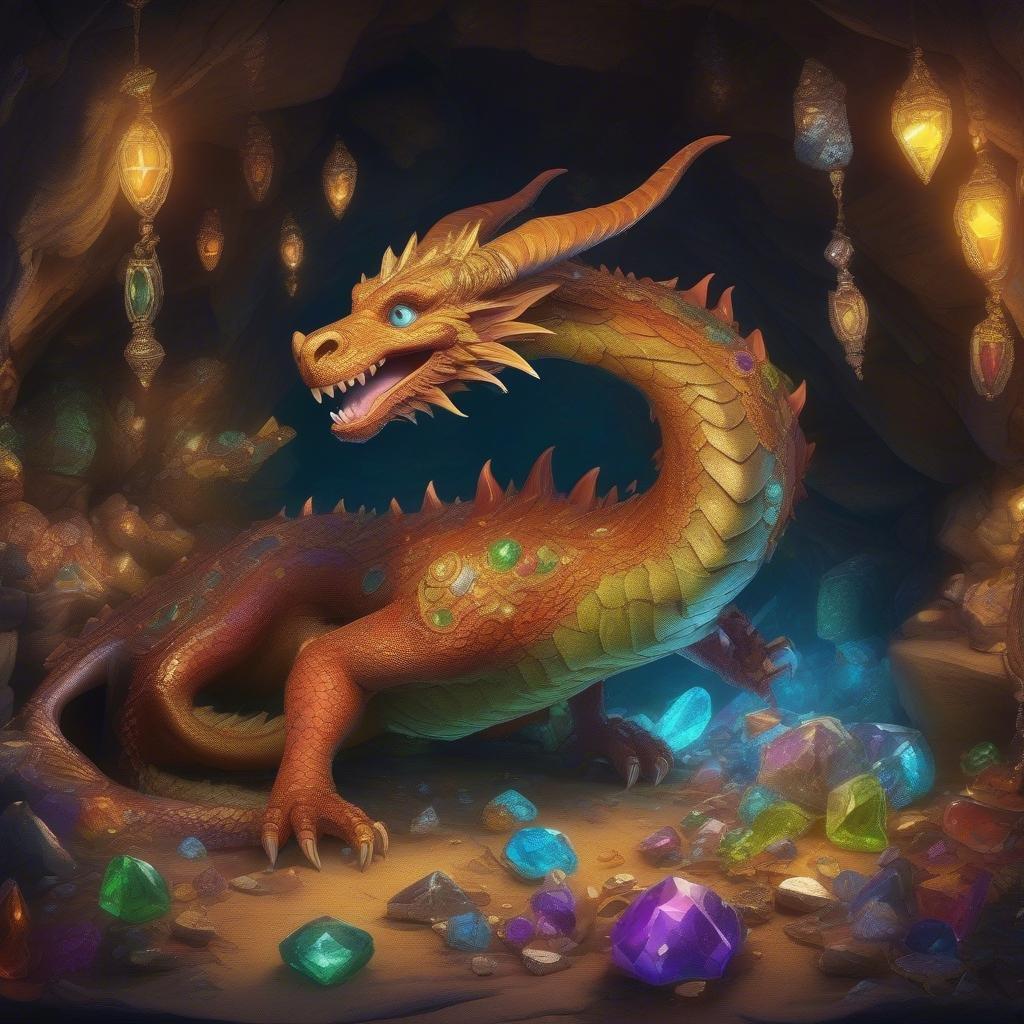 A whimsical dragon resting amidst an enchanted gem collection.