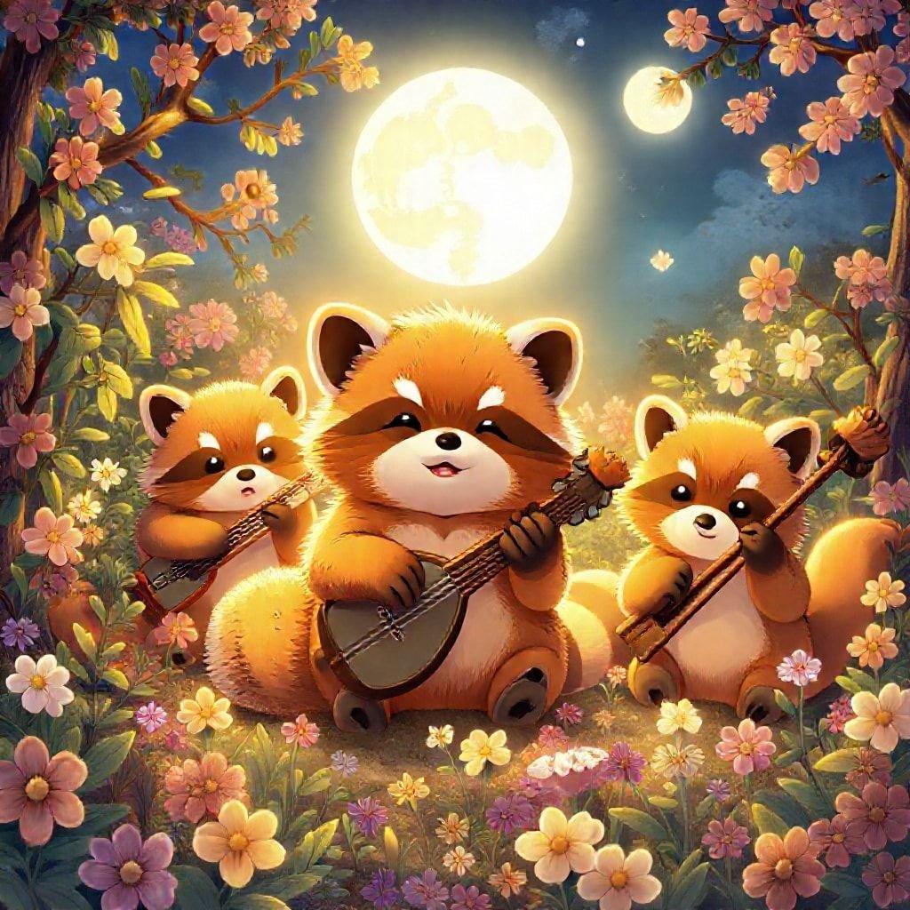 En hjärtvärmande animeillustration som visar tre tanuki som spelar traditionella japanska instrument under den fulla månen, med en kalejdoskopisk tanuki som deras charmiga ledare.