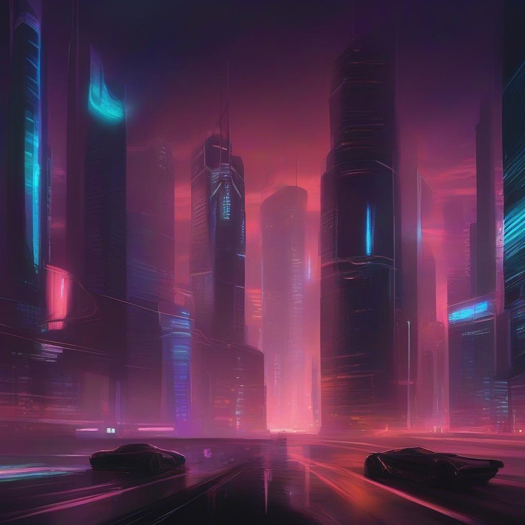 A futuristic scene of a vibrant city at night, bathed in neon lights with towering skyscrapers reaching into the dark sky. The street is wet, reflecting the glowing hues of the neon signs and cars speed through under an otherworldly, almost magical glow.